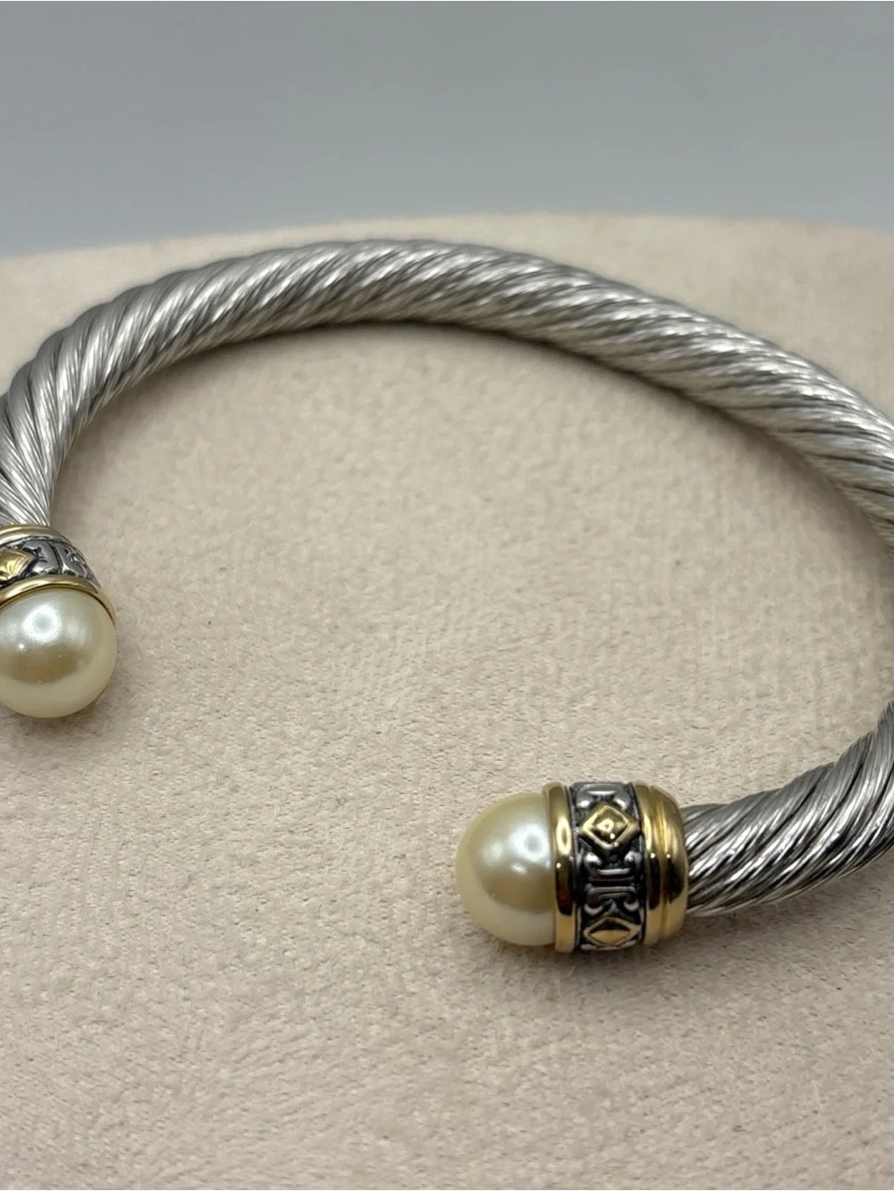 John Medeiros Cuff Bracelet with Pearl Caps and Gold Accents - Silver and Cream